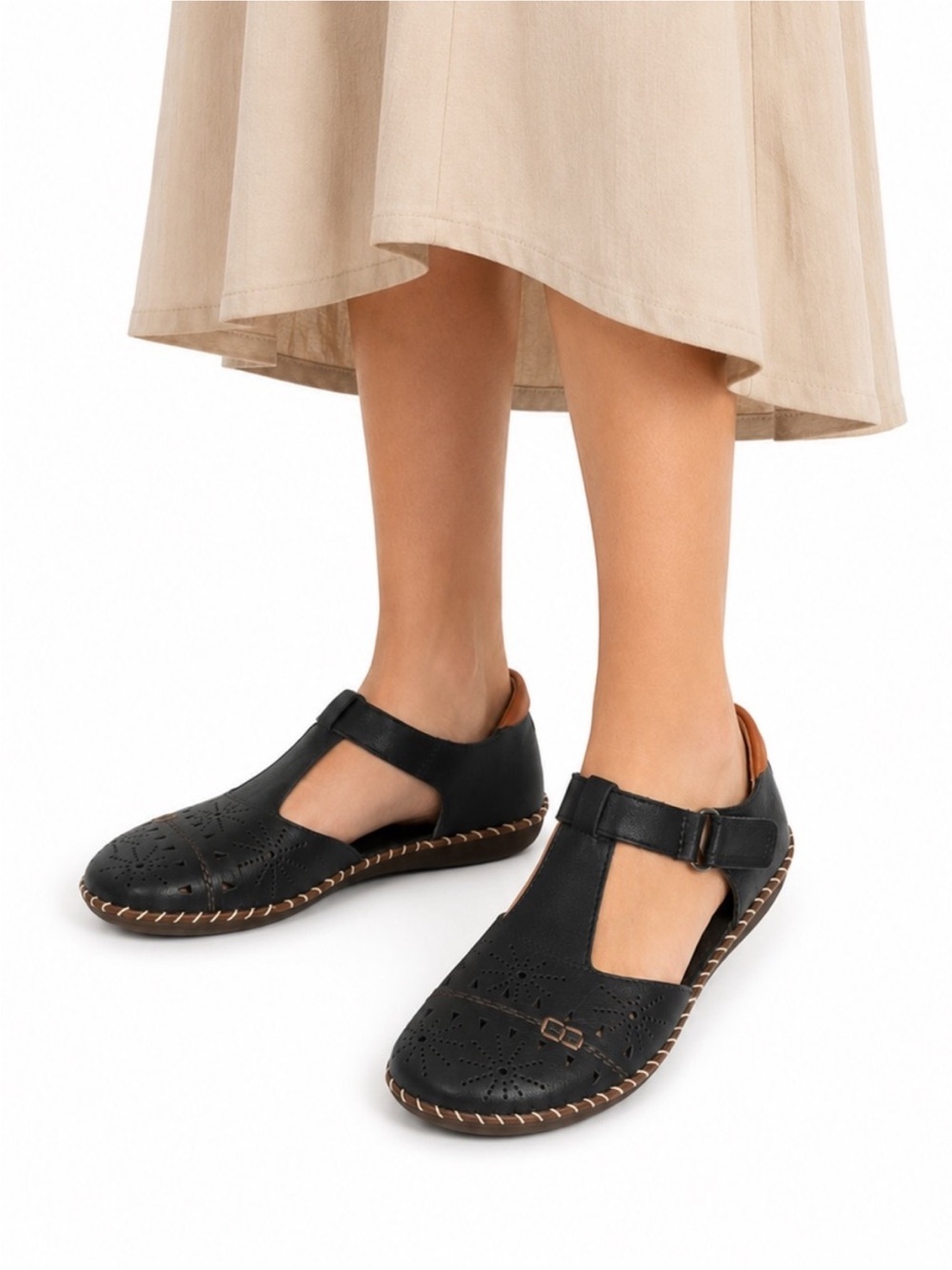 Size US 7 (EU 38) Rieker Women’s Black Leather T-Strap Mary Jane Comfort Flats
